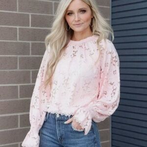 Free People Pink Lace Long-Sleeve Blouse